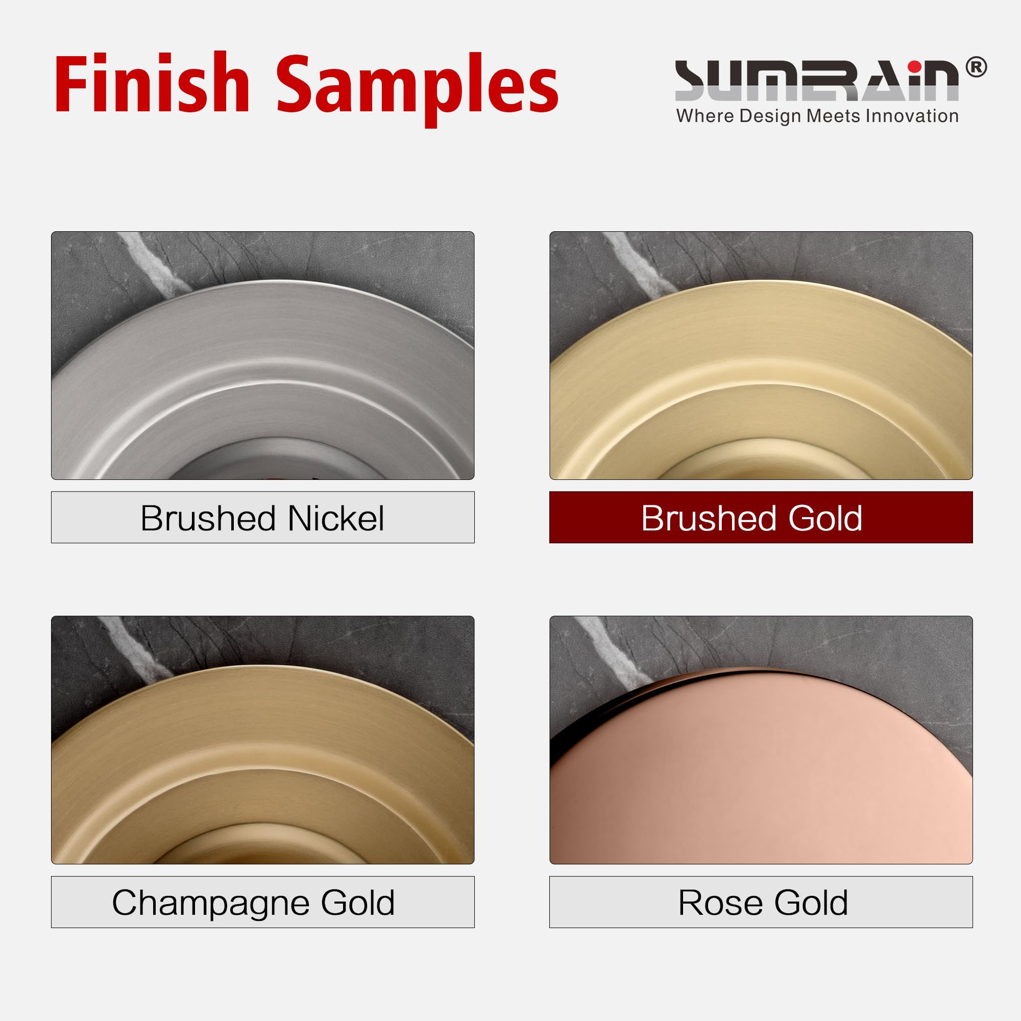 Sumerain brushed gold trim kit completes the styled bathroom update.