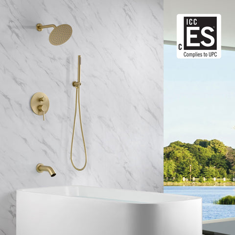 SUMERAIN brushed-gold tub spout adds elegant focal point to bath fixtures.