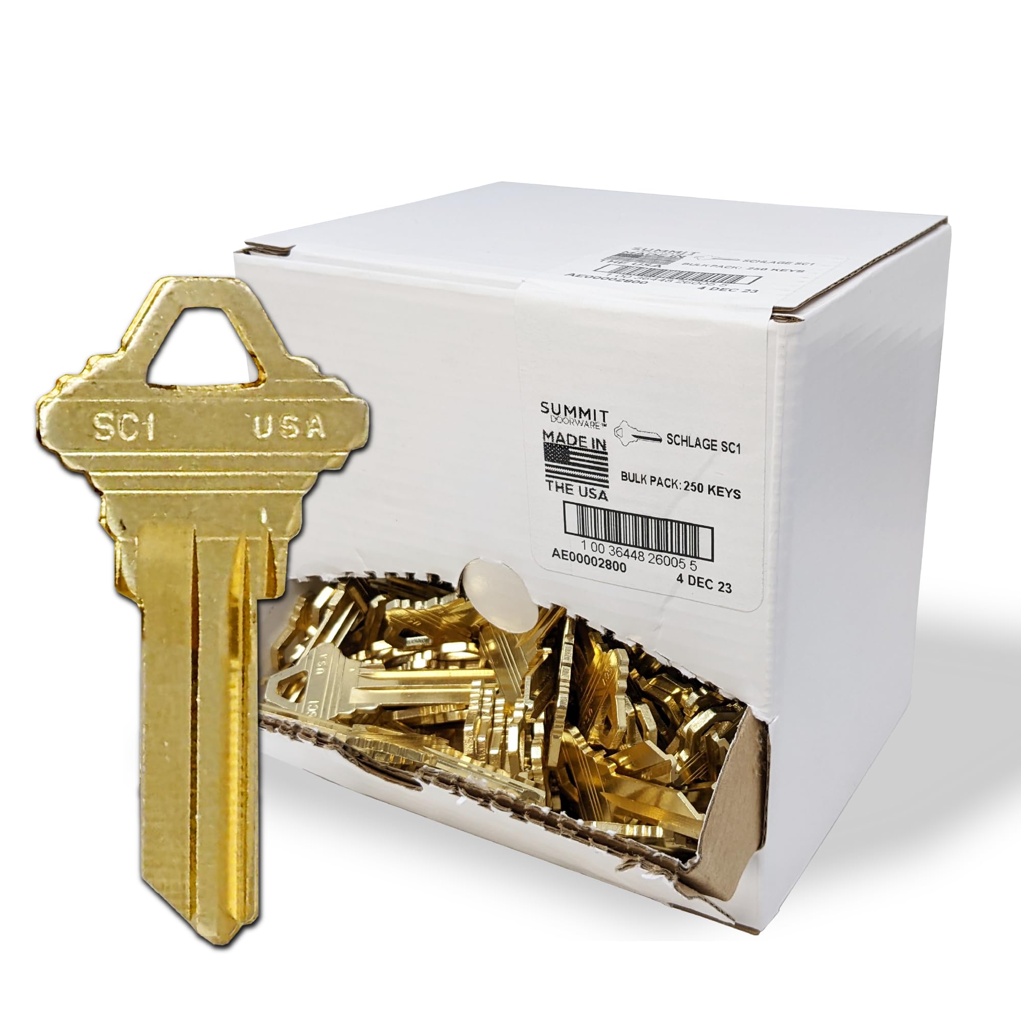 SUMMIT DOORWARE Schlage key blanks in premium brass, ideal for bulk locksmith projects.