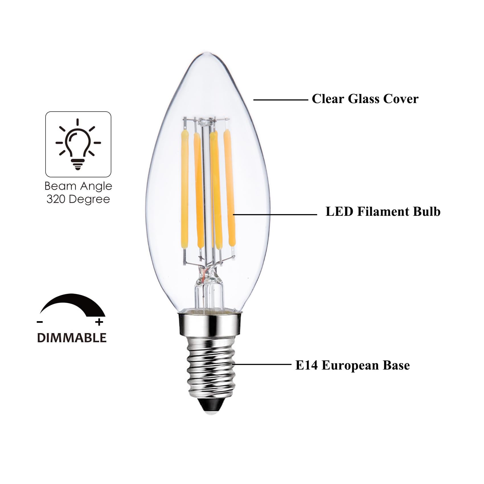 Sunaiony E14 European-base bulb compatible with chandeliers.