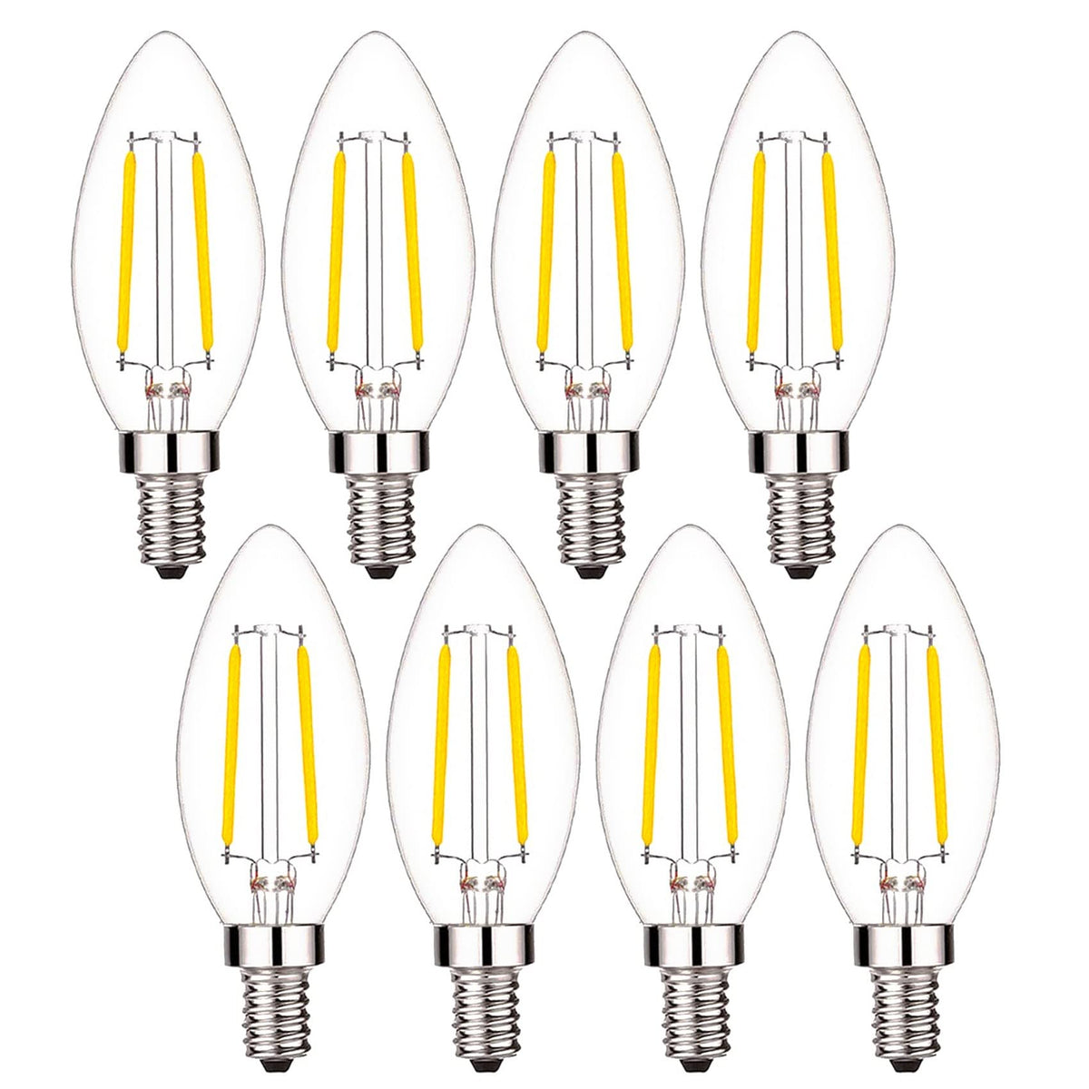 Sunaiony LED candelabra bulb with 2700K exposed filament in clear glass for warm ambience, ideal in chandeliers.