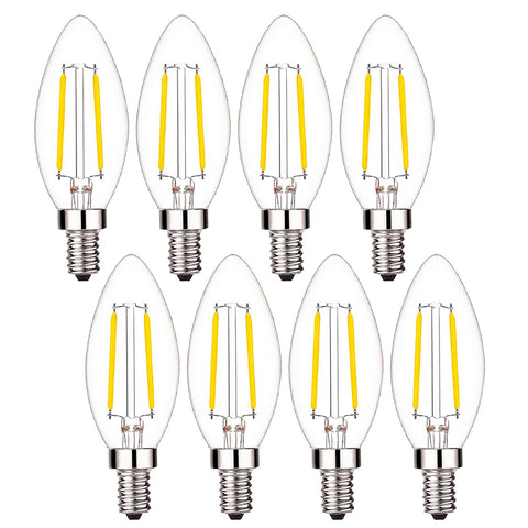Sunaiony LED candelabra bulb with 2700K exposed filament in clear glass for warm ambience, ideal in chandeliers.