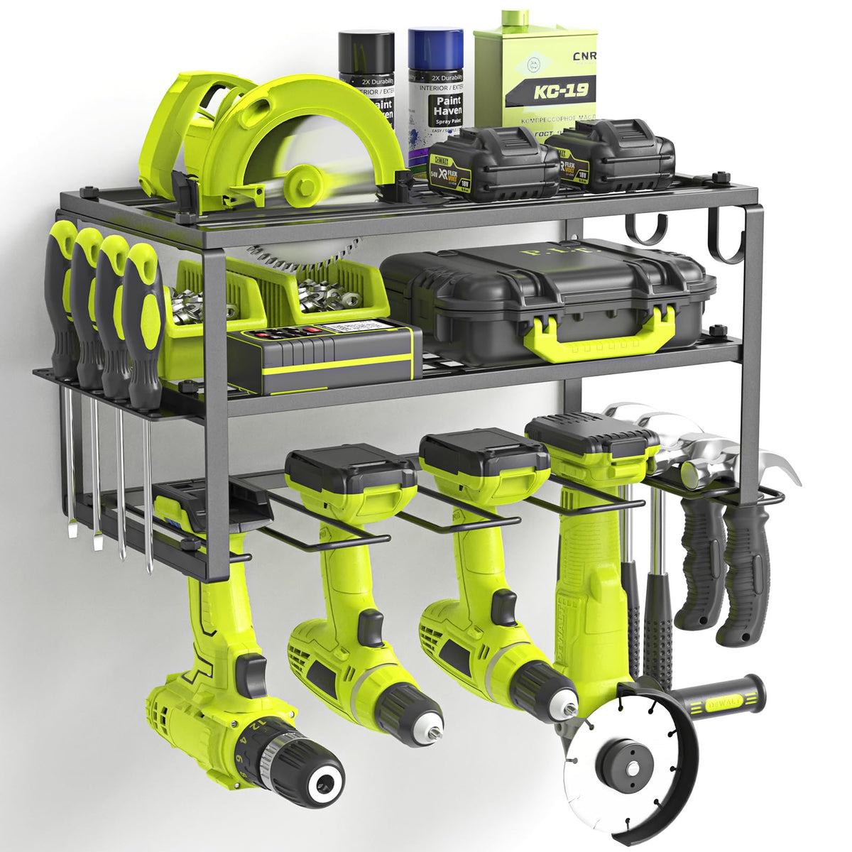 SUNALLY power tool organizer mounted on wall with 3-tier shelf for efficient storage.