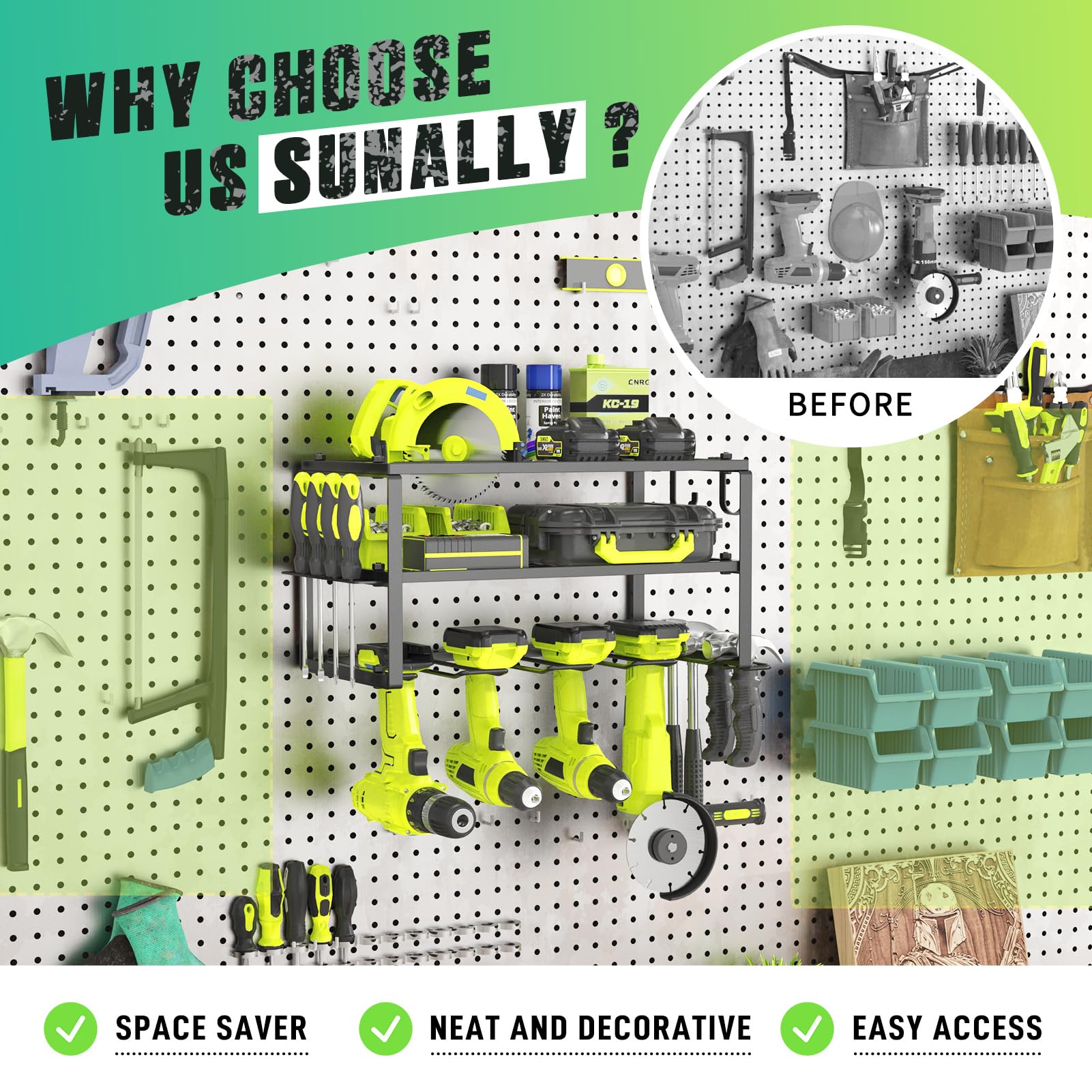 SUNALLY wall-mounted tool storage system adds an industrial look to workshop.