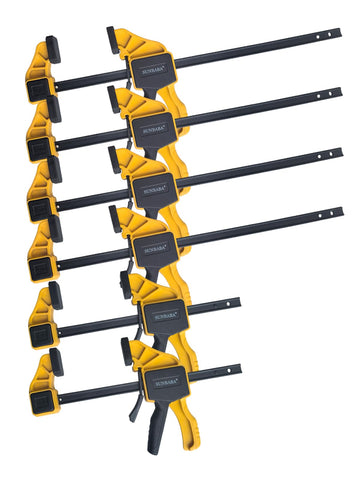 Sunbaba 6 pack clamps in a woodworking setup for secure, flush joints