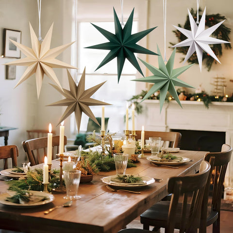 SunBeauty Sage Green stars use durable brown paper for quick, tool-free setup