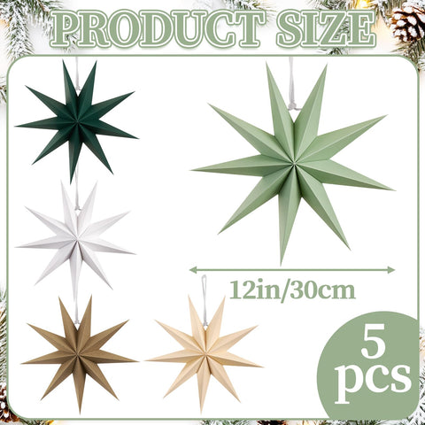 SunBeauty Sage Green 12-inch stars hang gracefully to cast warm shadows in living rooms