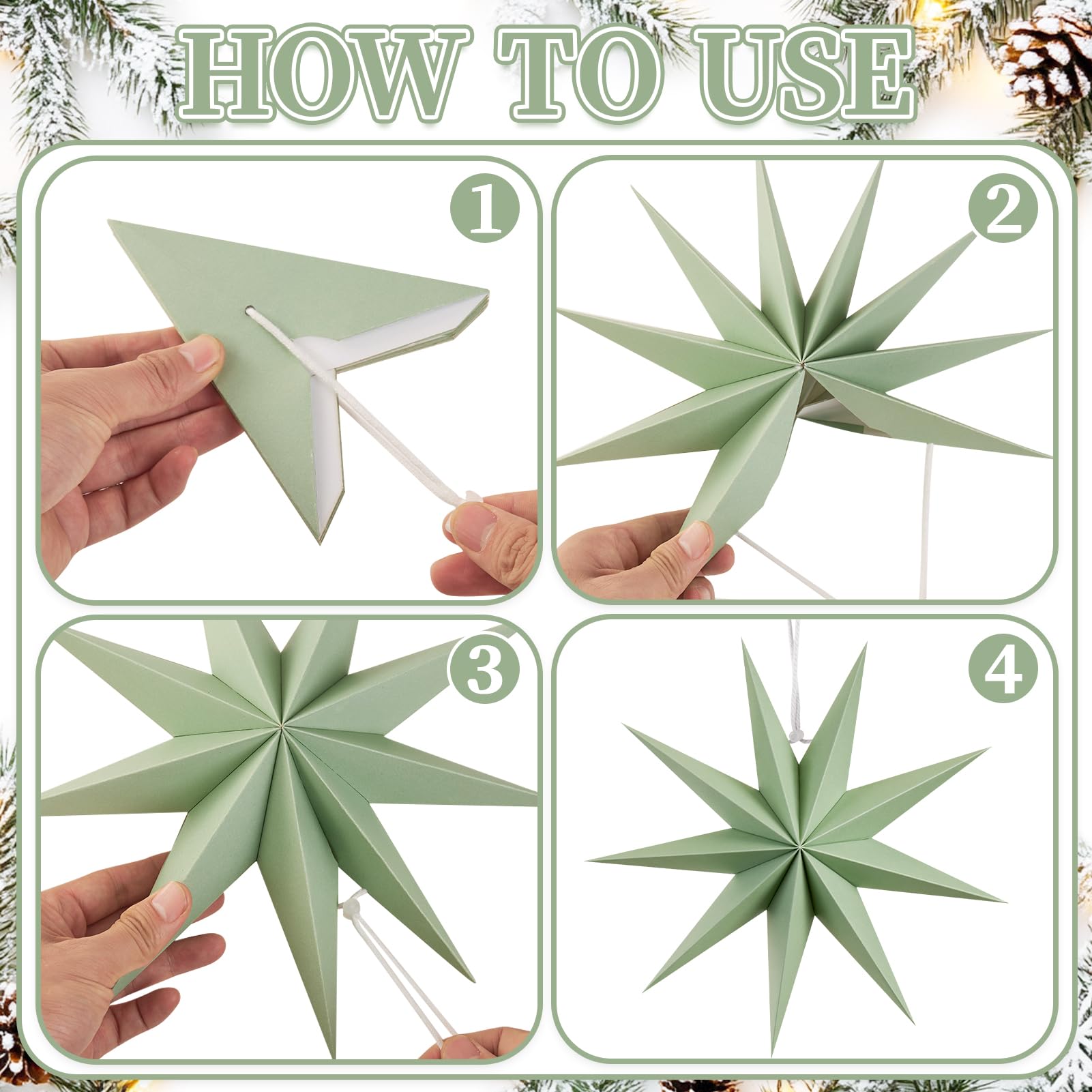 Sage green nine-pointed stars create festive charm for Christmas and winter weddings
