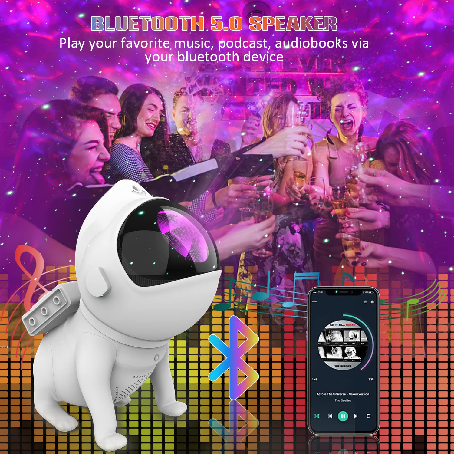 Sunbox Bluetooth speaker syncs lights with music for mood lighting.