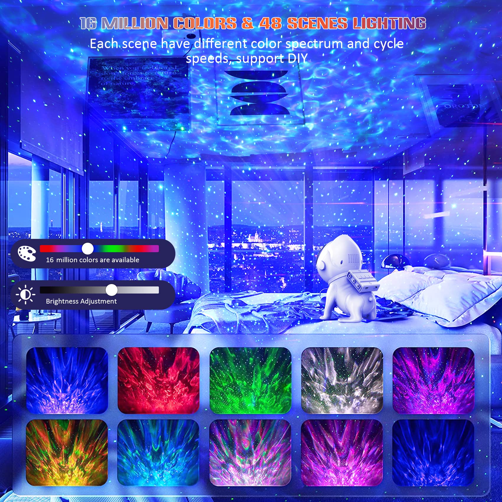 Sunbox Galaxy Projector spins 360 degrees to create dynamic night sky visuals.
