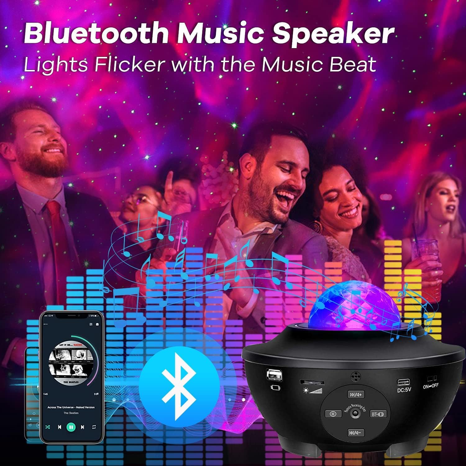 Sunbox Star Projector built-in Bluetooth speaker syncs with music for immersive visuals.