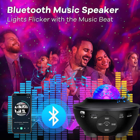 Sunbox Star Projector built-in Bluetooth speaker syncs with music for immersive visuals.