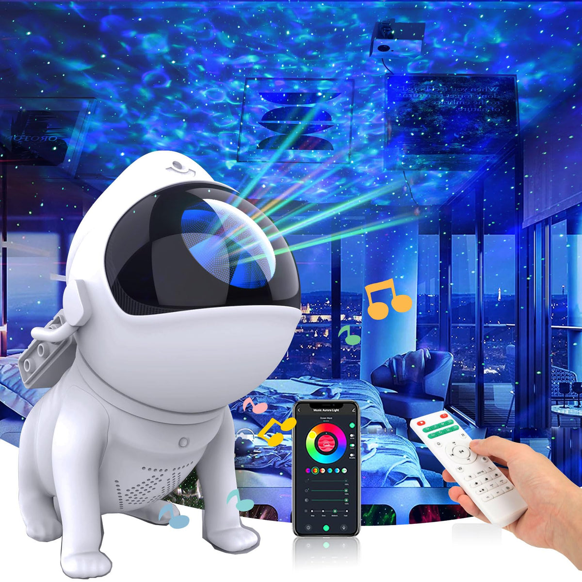 Sunbox Star Projector with 21 color modes for immersive ceiling ambience.