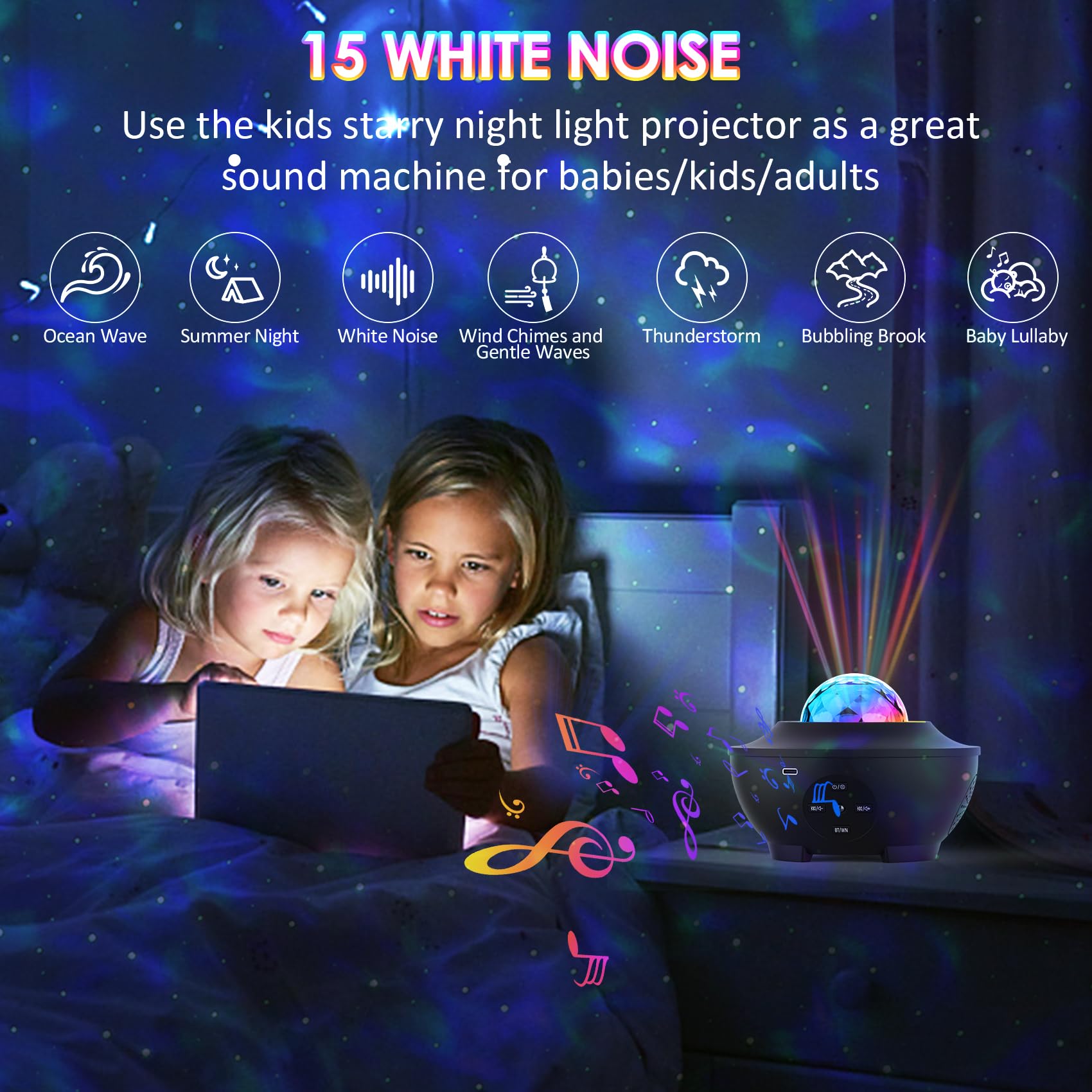 Sunbox Star Projector white noise sounds create calm backgrounds for focused work.
