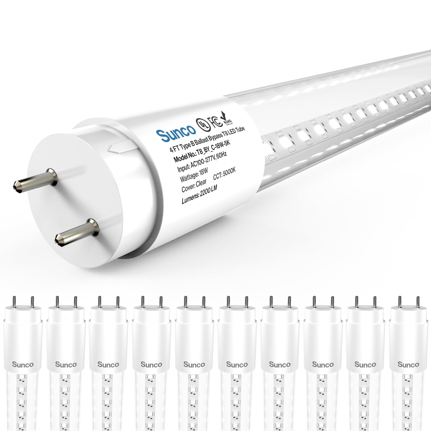 Sunco 10-pack T8 LED bulbs with ballast bypass for ballast-free retrofit