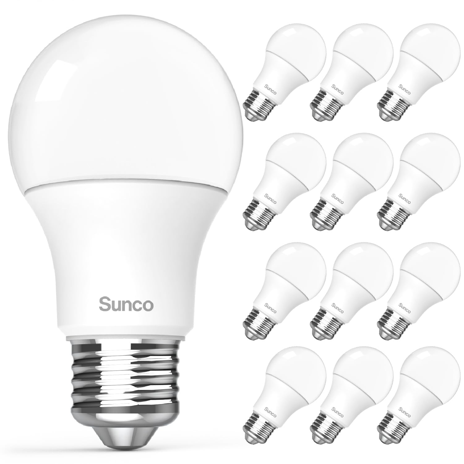 Sunco A19 LED bulbs 12-pack packaging, easy install and energy efficiency.