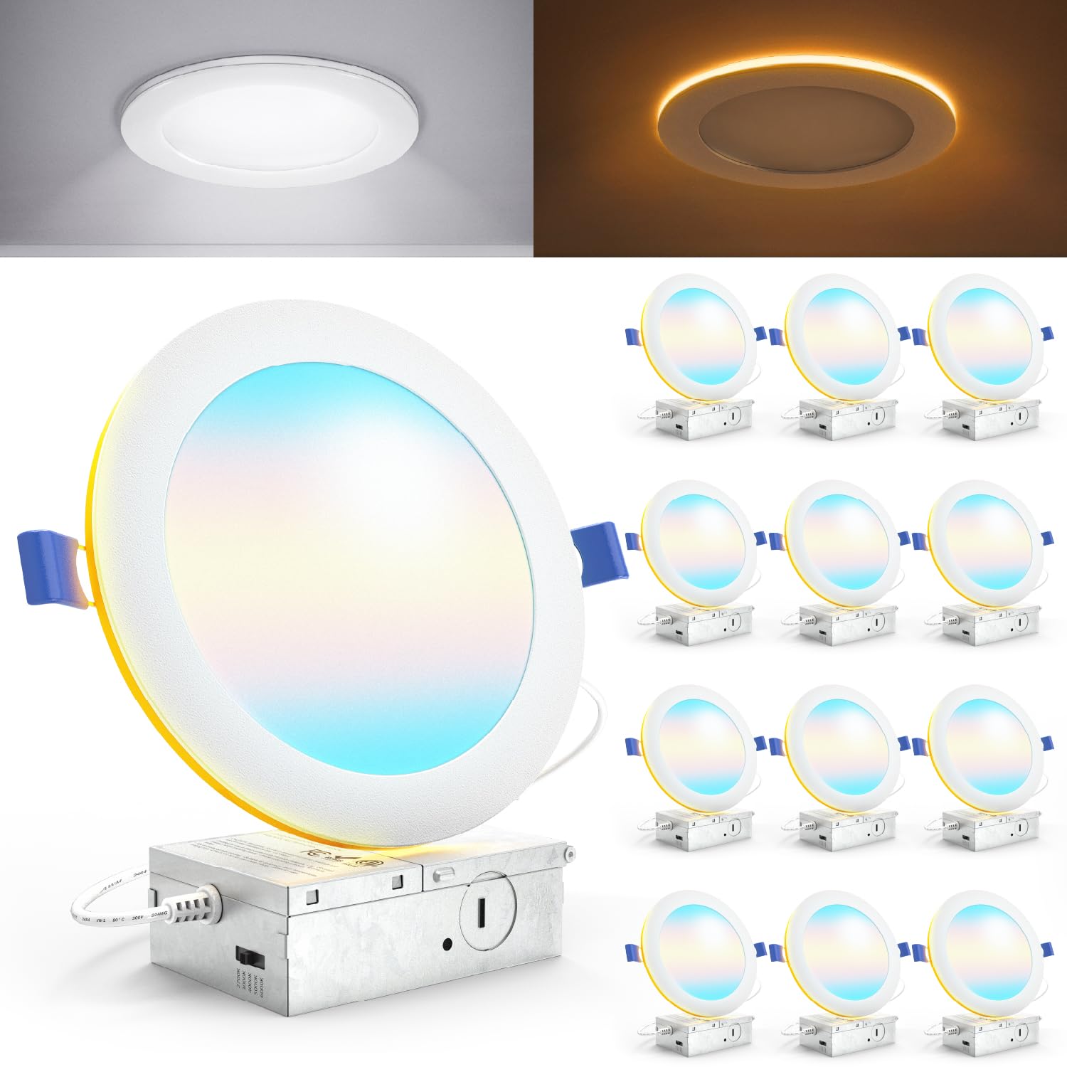 Sunco 12-pack 6-inch LED recessed light with night mode for ambient lighting.