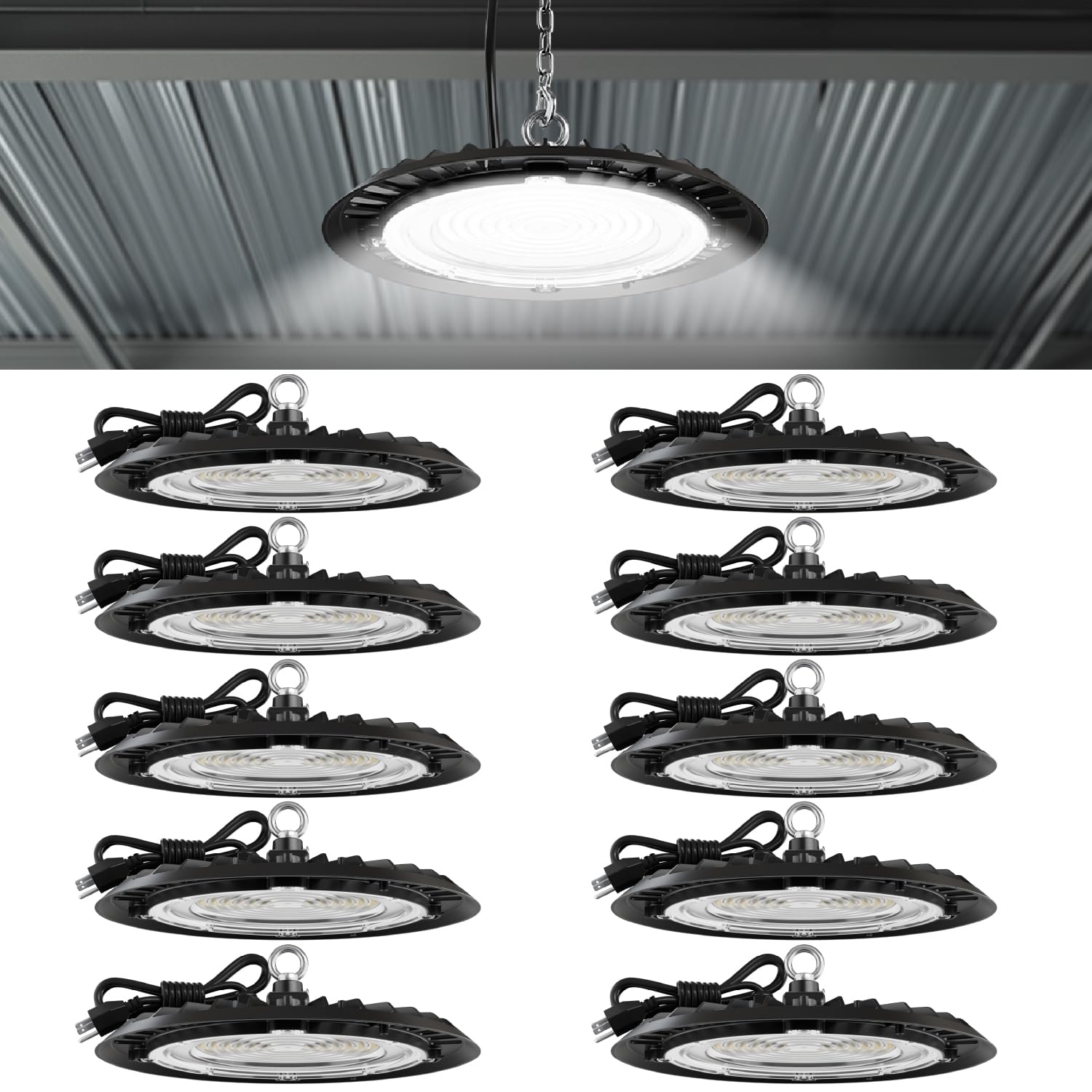 Sunco 150W UFO High Bay warehouse lighting for bright, even illumination and safer spaces.