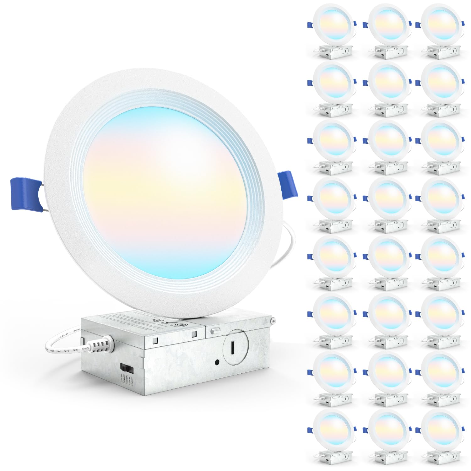 Sunco 24-pack 6-inch LED downlights with junction box for fast canless installation.