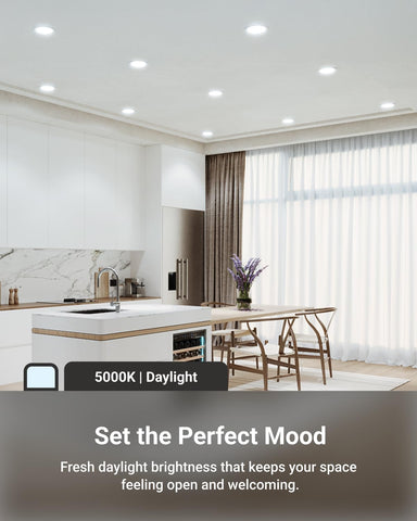 Sunco dimmable downlights illuminate room ambiance from bright daytime to cozy evening.
