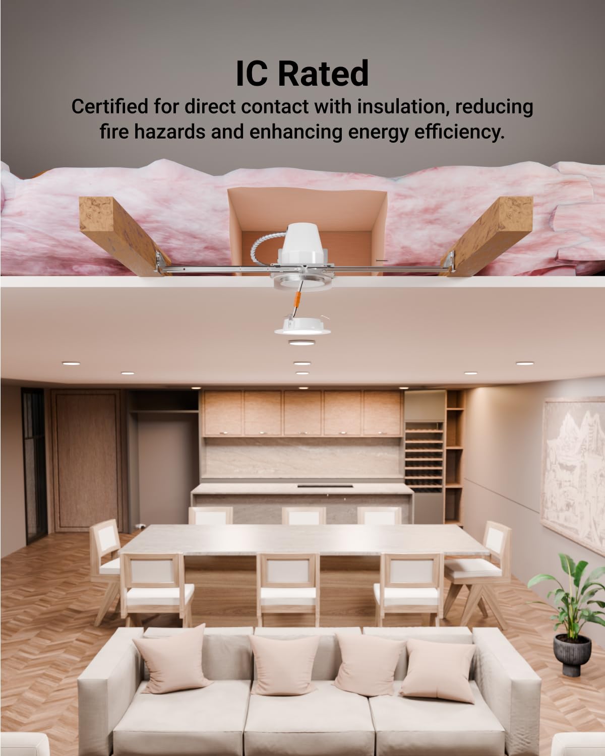Sunco 4-inch recessed housing fits ceiling insulation with airtight design.