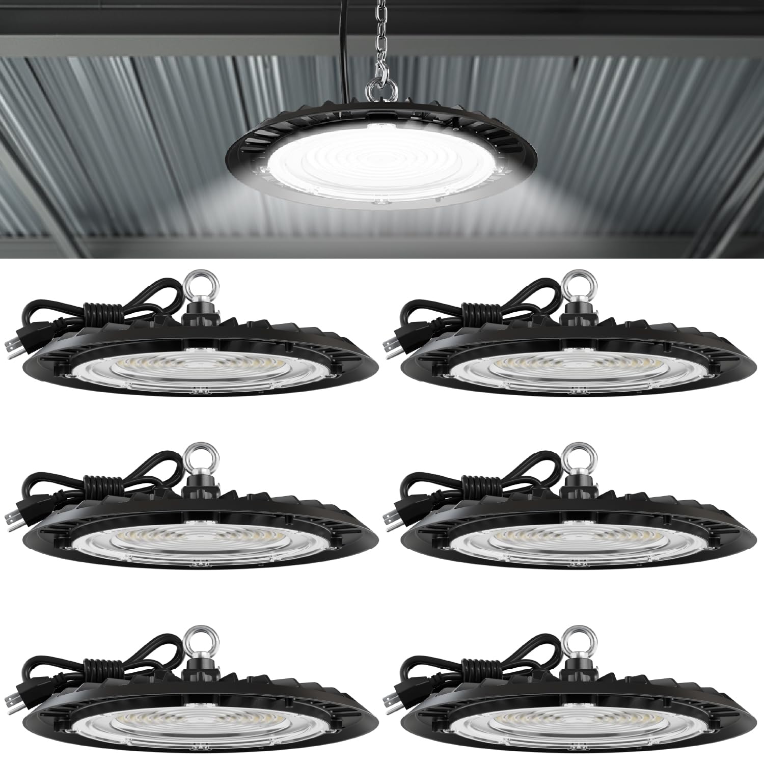 Sunco UFO high bay front view showing bright illumination for warehouses