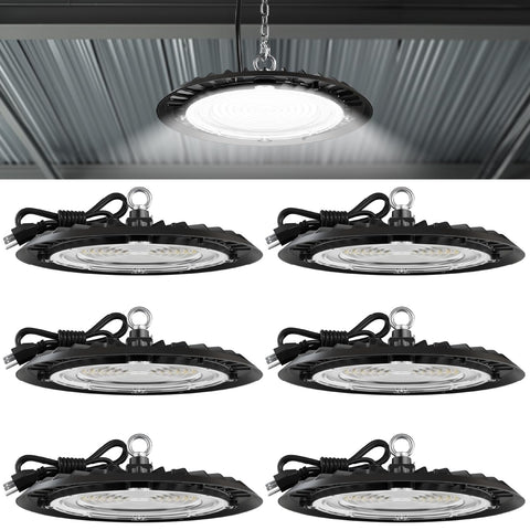 Sunco UFO high bay front view showing bright illumination for warehouses