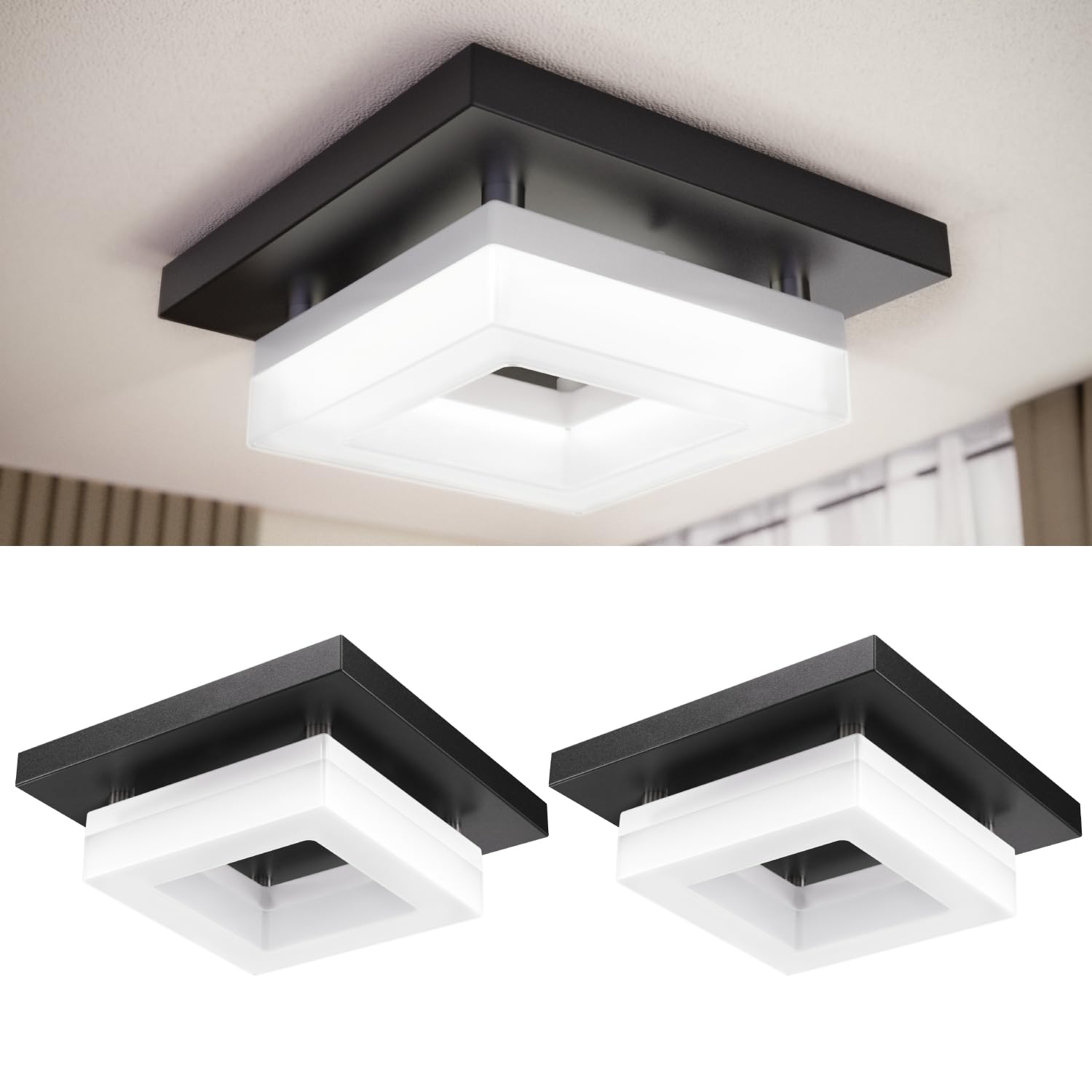 Sunco 8-inch square LED flush mount in black for modern spaces.