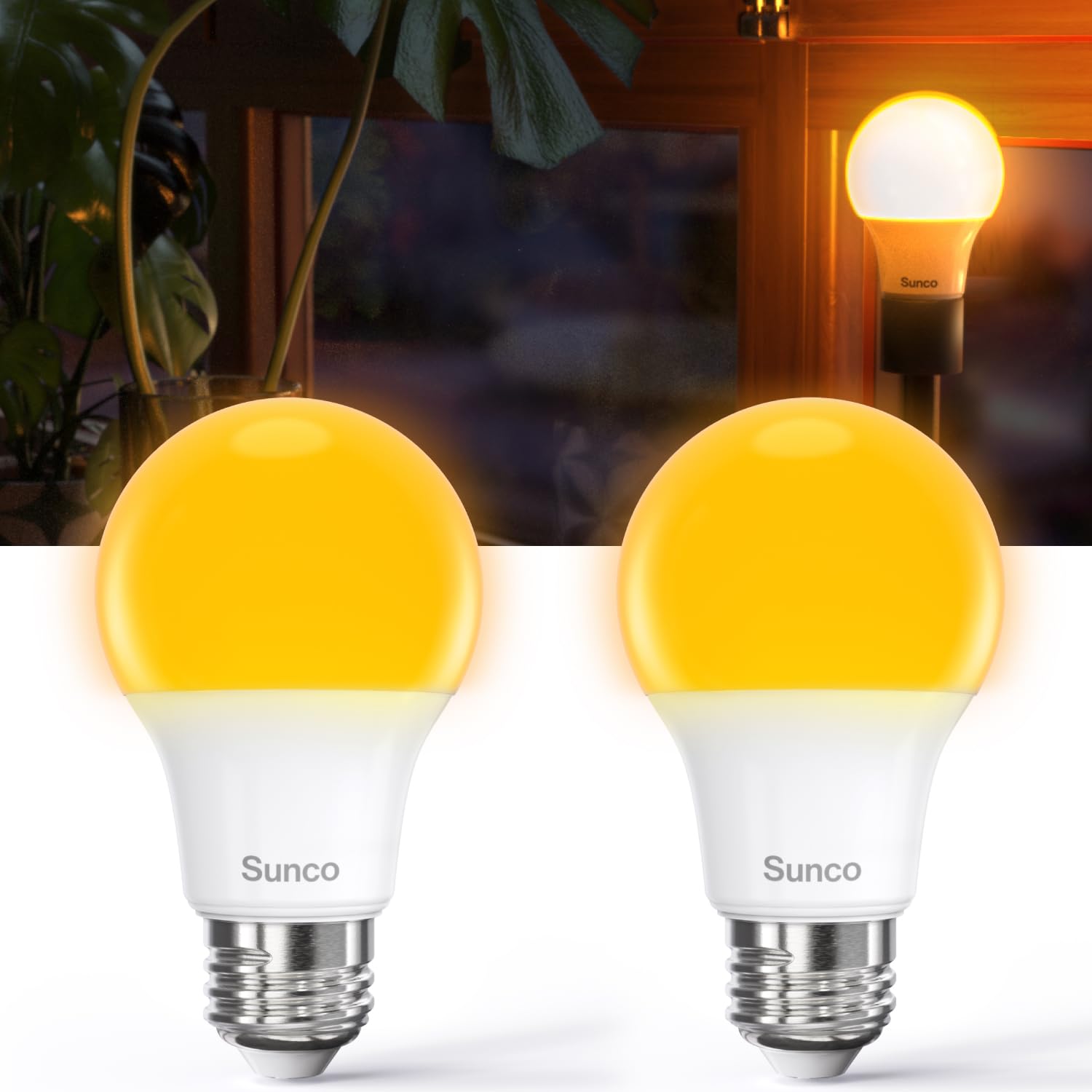 Sunco A19 Amber LED Bulb in lamp for warm ambience