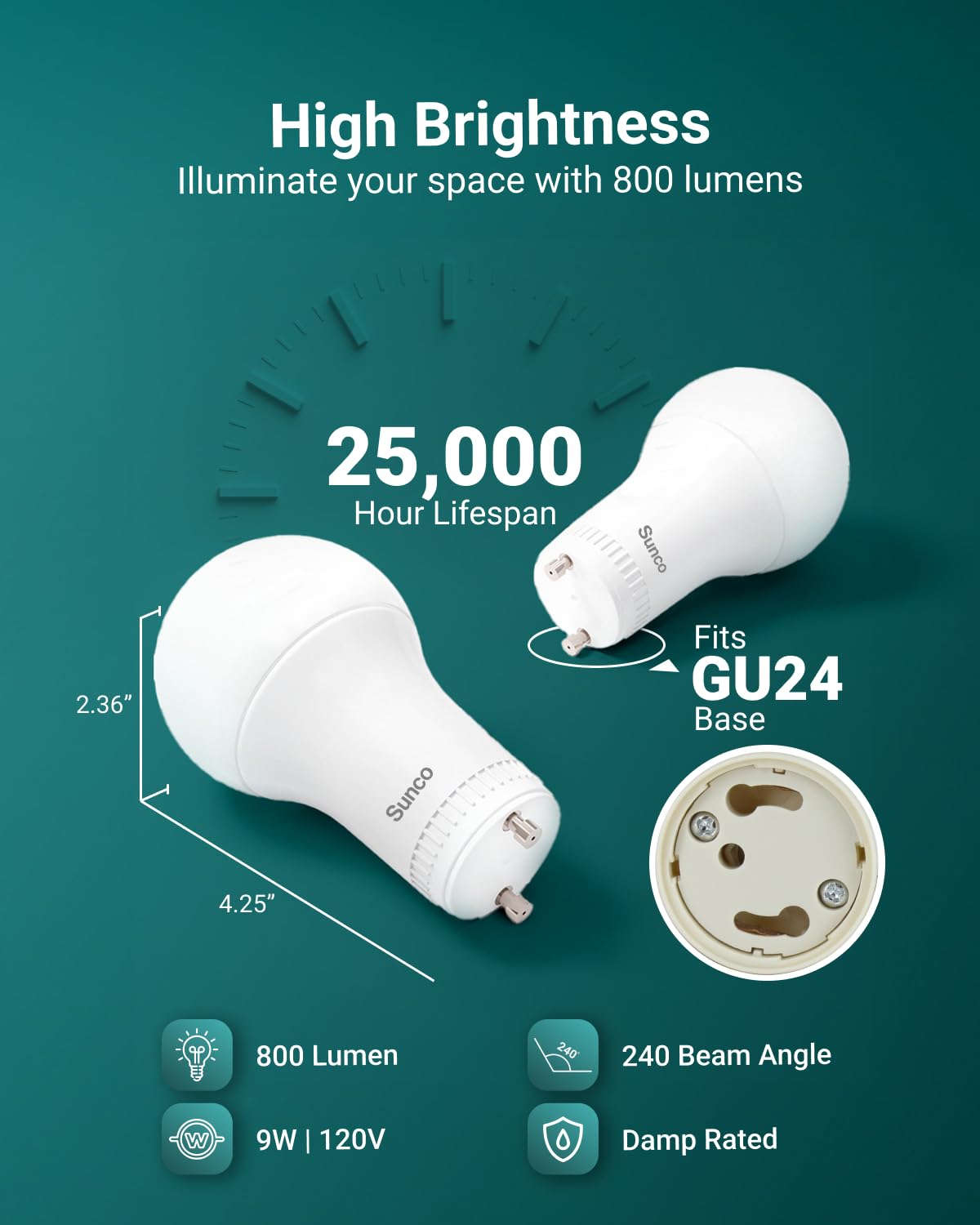 Sunco A19 LED bulb dimmable to create soft white ambient lighting.