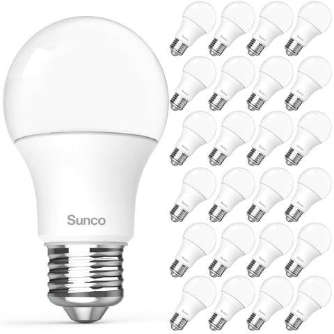 Sunco A19 LED bulbs 24-pack product shot with bright daylight illumination