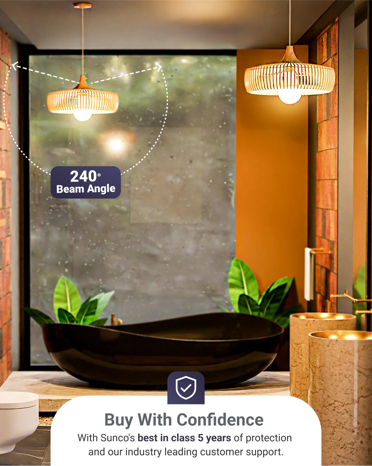 Sunco A19 LED bulbs in bathroom mirror light for crisp reflections.