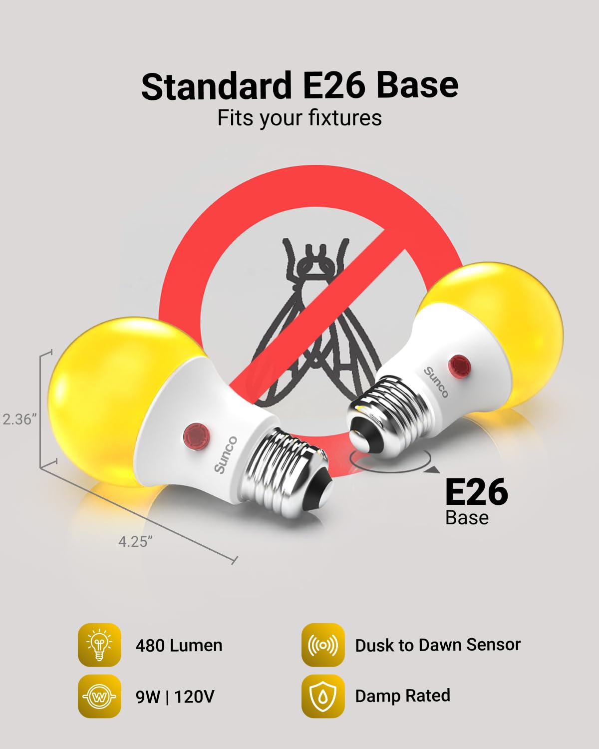 Sunco outdoor bulb with E26 base fits standard fixtures for quick upgrade