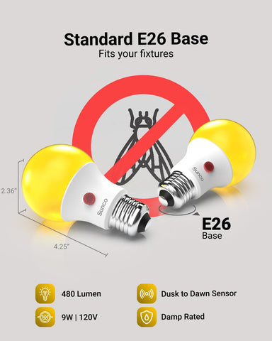 Sunco outdoor bulb with E26 base fits standard fixtures for quick upgrade