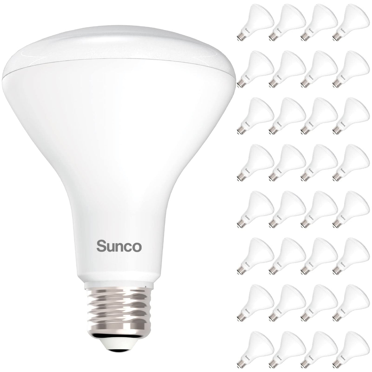 Sunco BR30 LED bulbs packaging, a 32-pack for energy-efficient home lighting upgrades