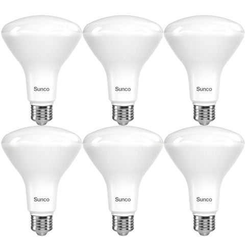 Sunco BR30 LED bulbs six-pack front view in warm 3000K light for recessed cans.