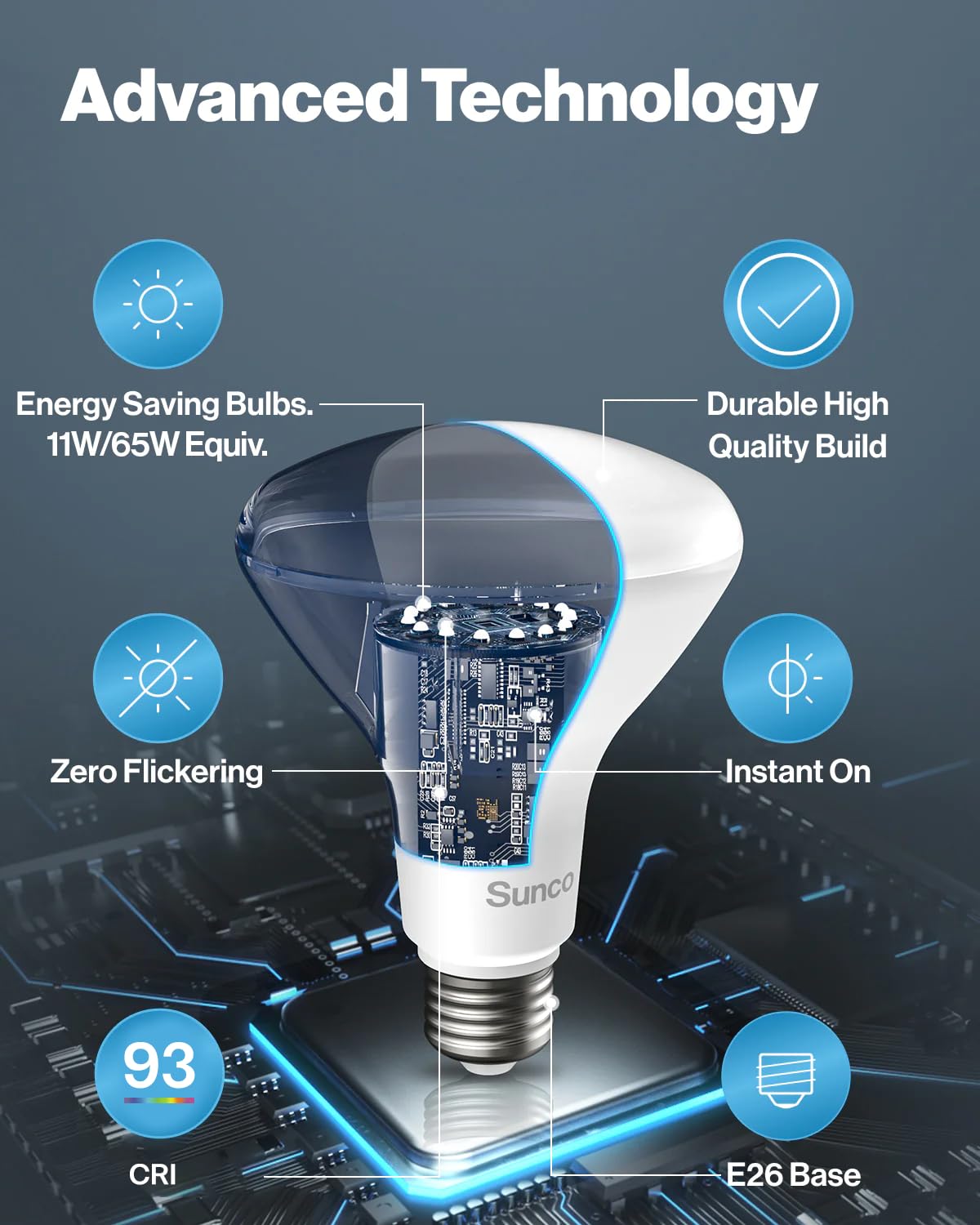 Sunco BR30 with E26 base fits standard fixtures for easy replacement.