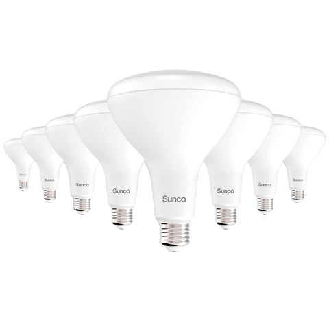 Sunco BR40 LED bulb packaging highlights easy install and energy efficiency.