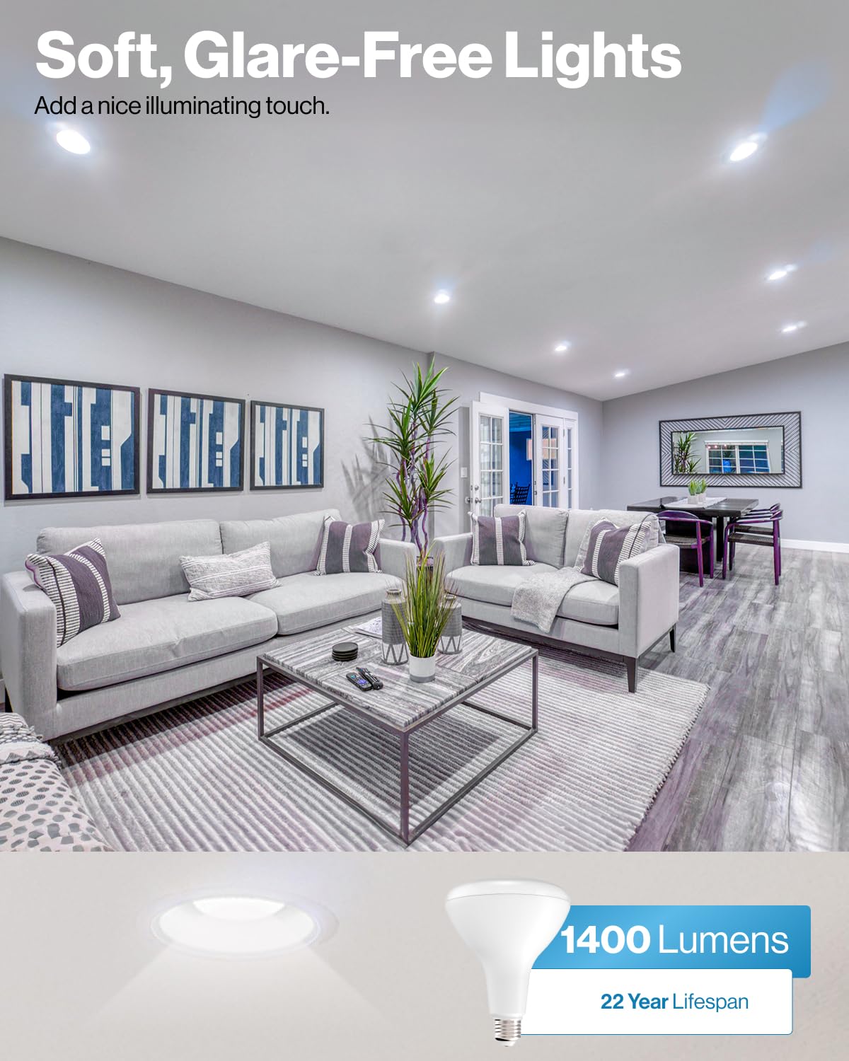 Sunco BR40 LED bulb fits recessed can lighting for seamless ceilings.