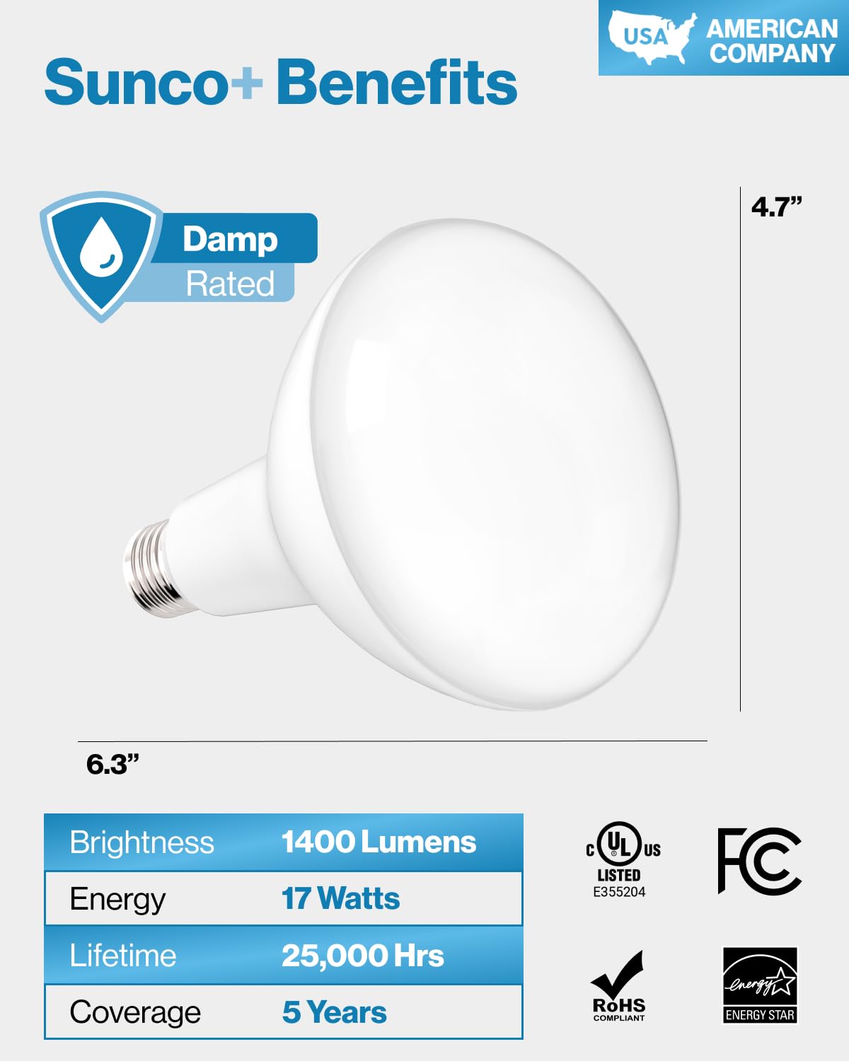 Sunco BR40 LED bulbs UL-certified for safety and instant bright light