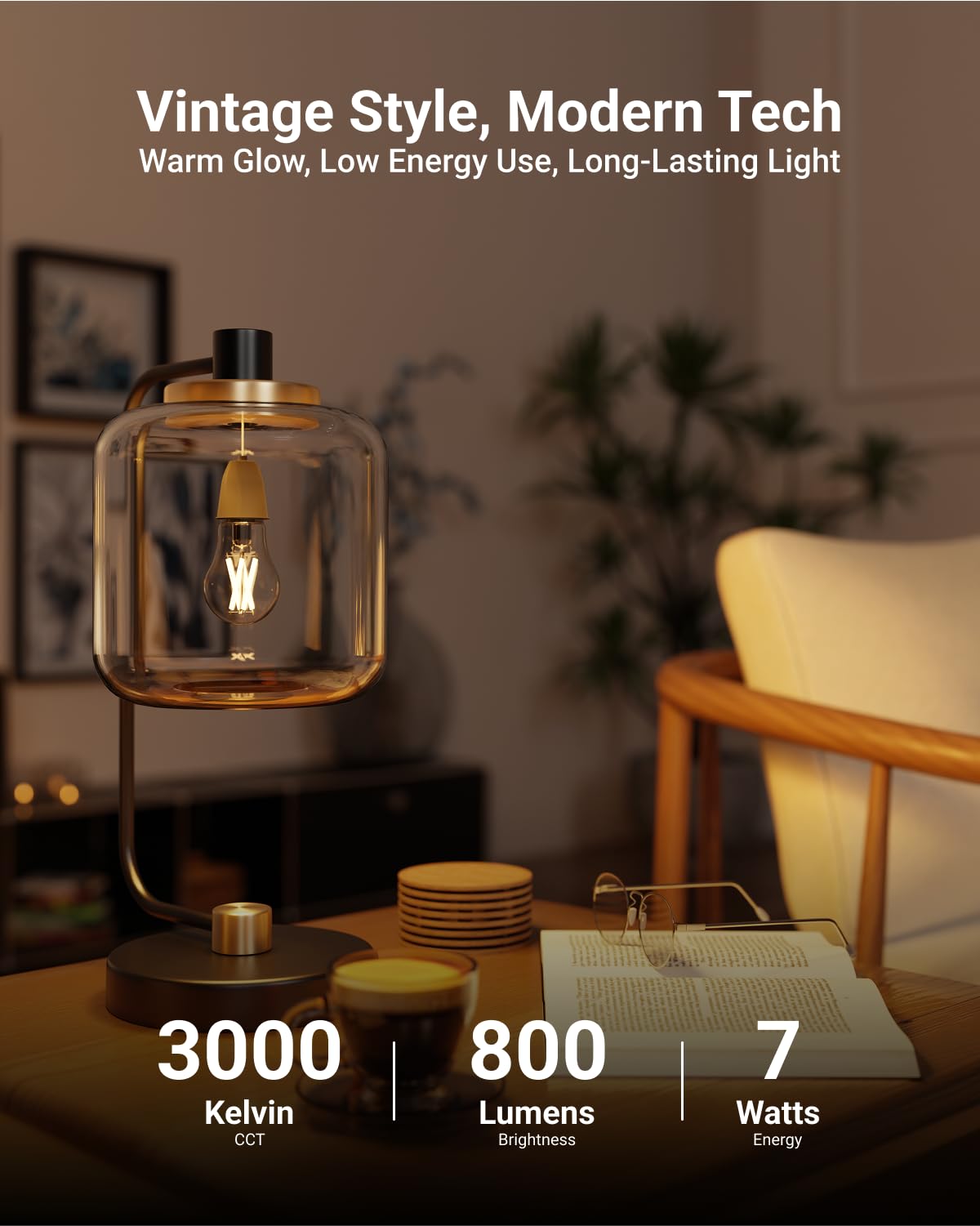 Sunco dimmable LED filament 3000K bulb enables mood-rich lighting.