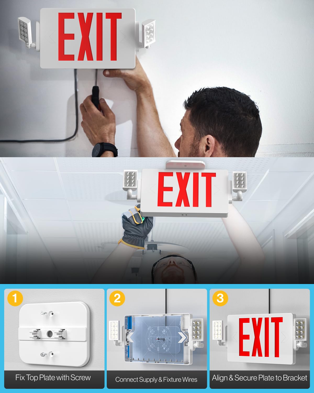 Sunco exit sign made from ABS fire-resistant plastic for durability.