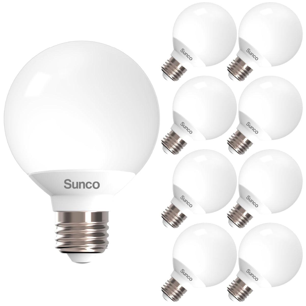 Sunco G25 LED bulbs in packaging highlight energy efficiency and easy replacement.