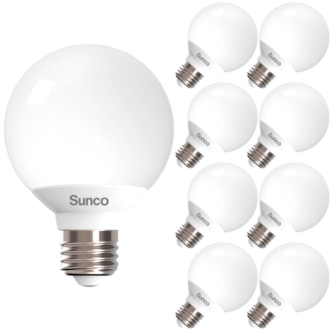 Sunco G25 LED bulbs in packaging highlight energy efficiency and easy replacement.