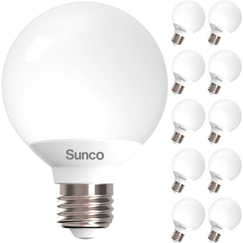 Sunco G25 vanity globe bulb close-up showing frosted finish for true color rendering.