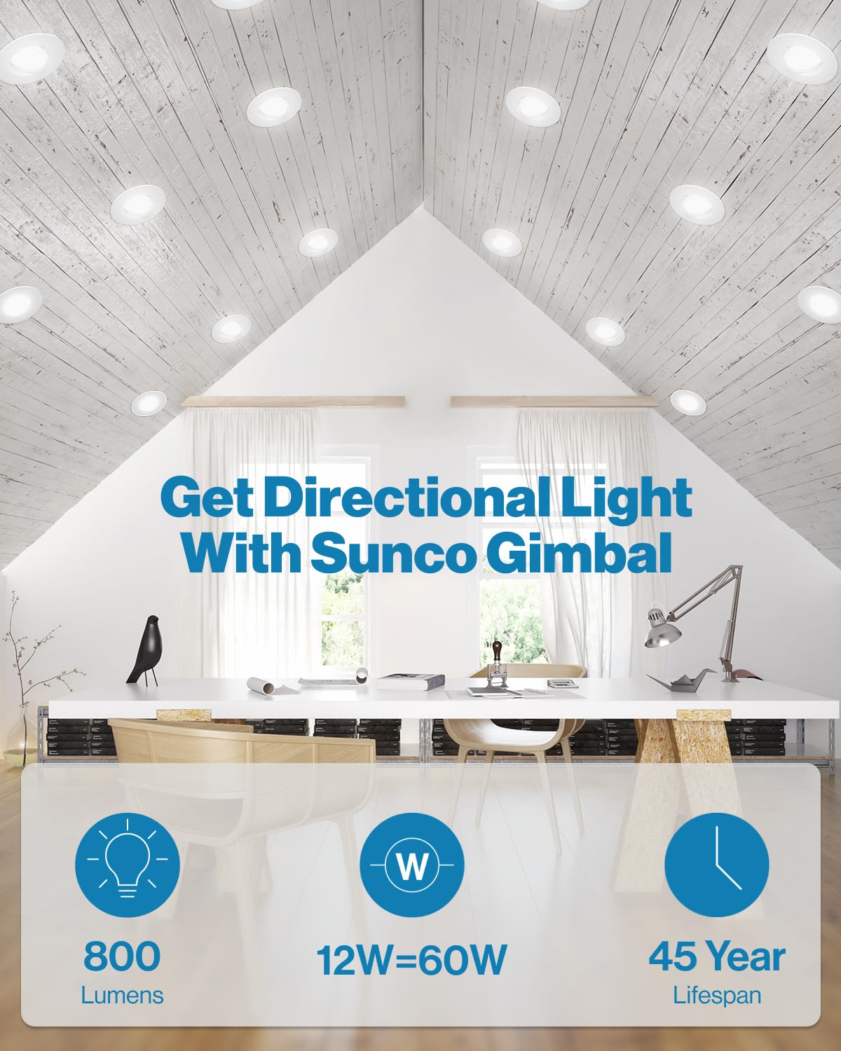 Sunco gimbal downlight tilts 45° and swivels 360° for flexible accent lighting.