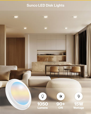 Sunco disc light in ceiling with dimmable control for mood lighting.