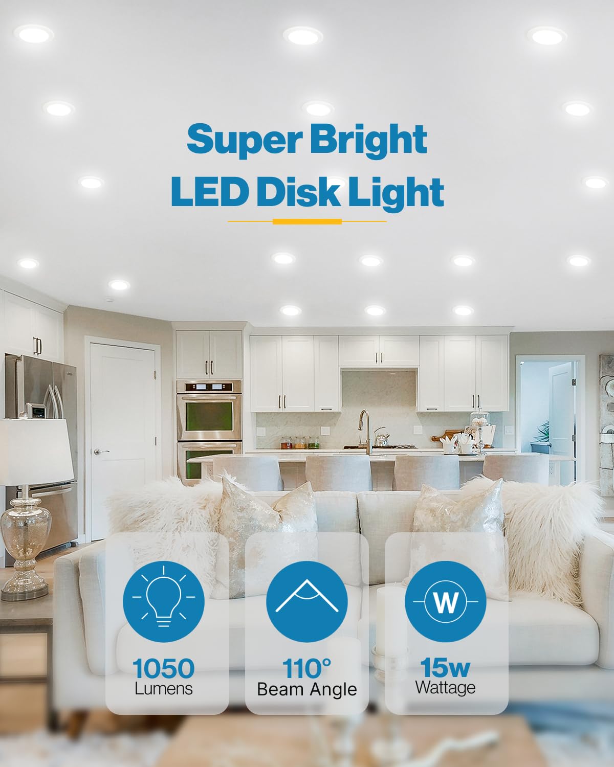 Sunco LED disk light close-up, warm white glow and color accuracy.