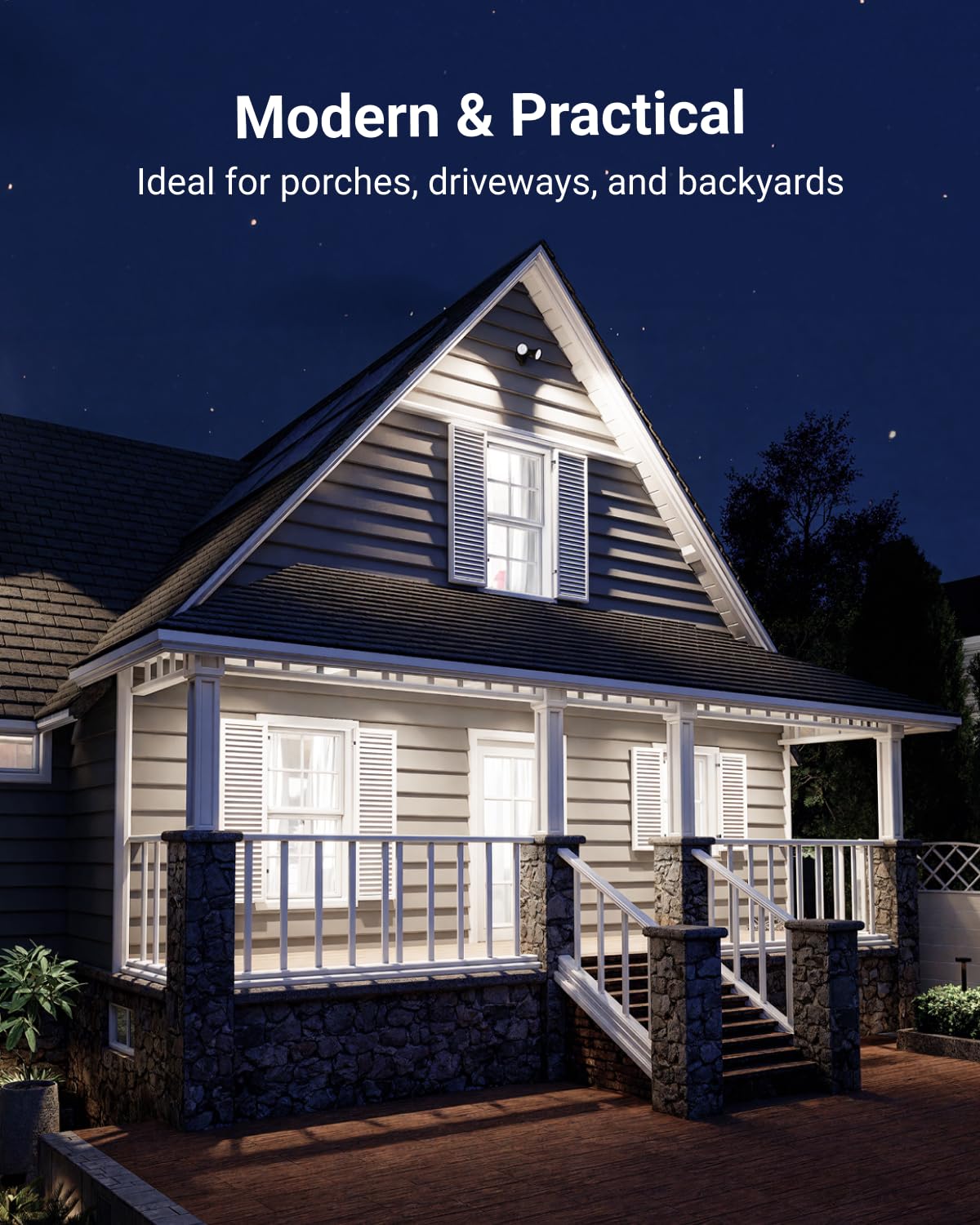 Sunco exterior LED PAR38 spotlight highlighting home seating area