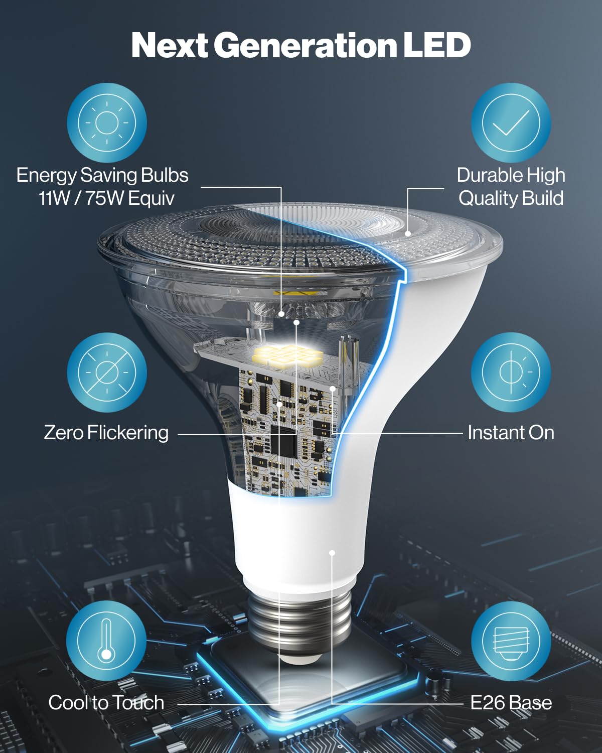 Sunco PAR30 bulb with E26 base for easy replacement in fixtures.